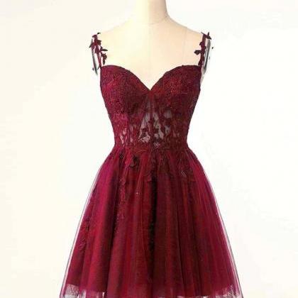 A-line Burgundy Tulle Lace Short Prom..