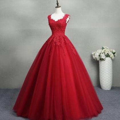 Gorgeous Red Ball Gown Tulle Prom Dress With Lace..