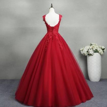 Gorgeous Red Ball Gown Tulle Prom Dress With Lace..