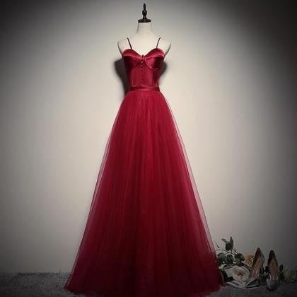 Gorgeous A-line Dark Red Straps Tulle Long Party..