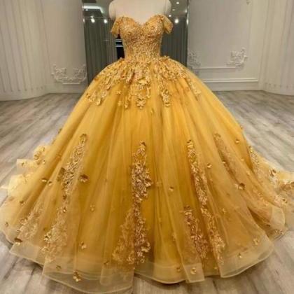 Off Shoulder Tulle Yellow Quinceanera Dresses..