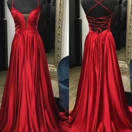 A Line V Neck Backless Open Back Red Prom Dresses