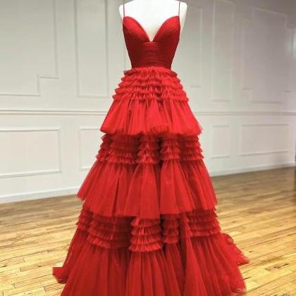 Straps V Neck Red Layered Tulle Long Prom Dresses