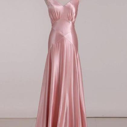 A Line V-neck Pink Tie Back Pink Prom Dress