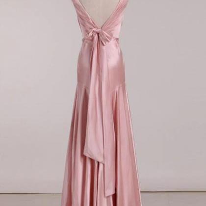 A Line V-neck Pink Tie Back Pink Prom Dress