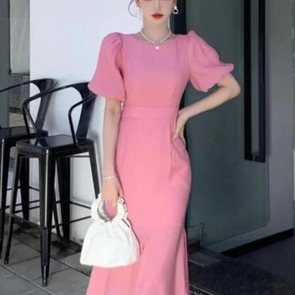 Simple Pink Puff Sleeves Mid-length Prom Dress