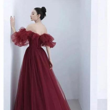 Off The Shoulder Ball Gown Burgundy Prom Dresses..