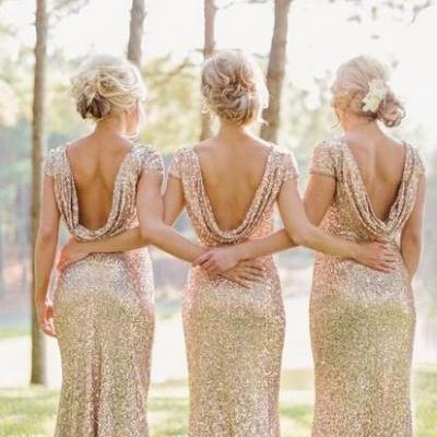 Cap Sleeve Gold Sparkly Bridesmaid Dresses, Mermaid Bridesmaid Dress Long Bridesmaid Dress Bridal Gowns