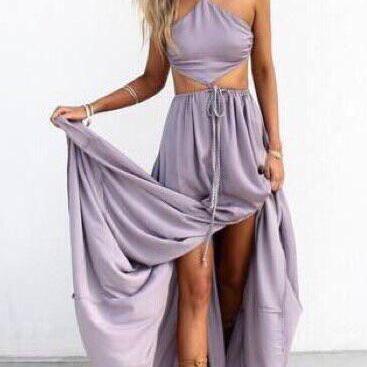 Halter Maxi Chiffon Prom Dress, Long Party Dress With Cut Out Waist , Open Back Prom Dress