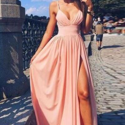 Spaghetti Strap V Neck Pink Prom Dress,Simple Long Evening Dress,Cheap Prom Dress