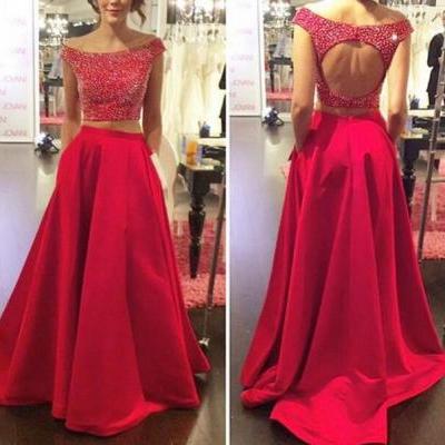Open Back Two Pieces Red Satin Prom Dress,Detachable Skirt Prom Dresses,Seax Beading Party Dress,Backless Boat Neckline Prom Gown Dress