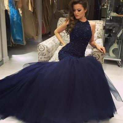 Sexy Navy Blue Tulle Prom Dresses ,Mermaid Prom Dress,2018 Crystal Beads Keyhole Back Evening Gowns