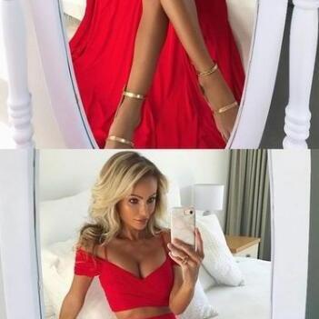 Two Pieces Red Prom Dress,Chiffon Long Prom Dresses,V-Neck Prom Dress,Cheap Prom Dress,Off the Shoulder Evening Dresses,Split Front Formal Dresses,Prom Dresses 