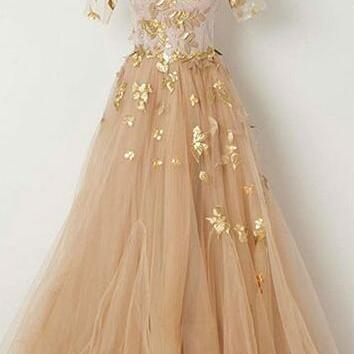Round Neck Prom Dress,Tulle Prom Dress,Cheap Prom Dress,Champagne Prom Dress,tulle long prom dress,Sexy evening dresses