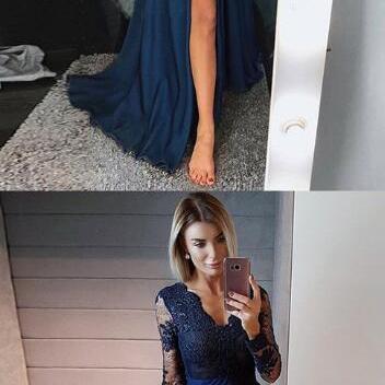 Long Sleeves Navy Blue Prom Dress ,A-Line Prom Dress,V-Neck Chiffon Prom Dress,with Appliques, modest navy blue v neck long prom dresses with sleeves, unique long sleeves evening dresses with split