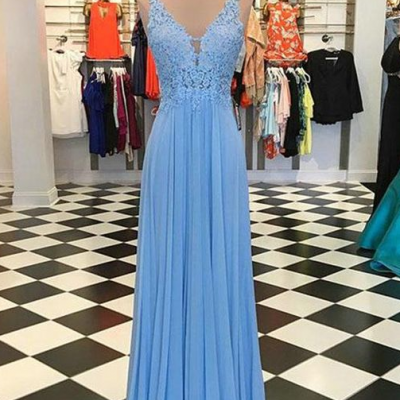 Light Blue Prom Dresses With V-Neck Appliqued
