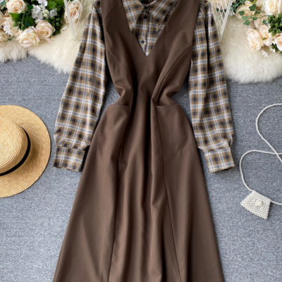 Two-piece sets plaid shirt + sleeveless vest dress
