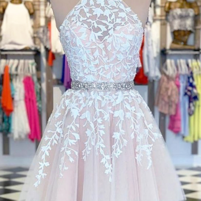  Halter Pink Short Homecoming Dress with Appliques 