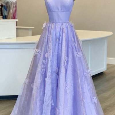 Purple A Line tulle long prom dress formal dress