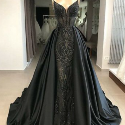 Black Satin Detachable Prom Evening Party Dress 