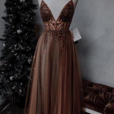 Elegant tulle beaded long prom dresses 