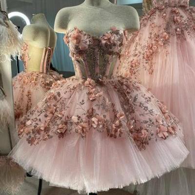 elegant sweetheart neck short pink prom dress with 3d flowers