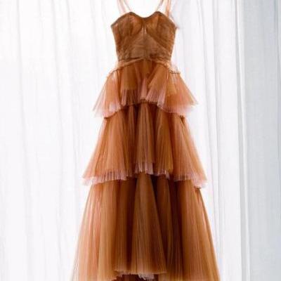 A Line Long Brown Tulle Prom Dresses