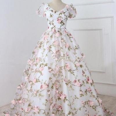 Ball Gown White V Neck 3D Flowers Long Prom Dress