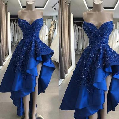 Short v neck royal blue lace prom dresses