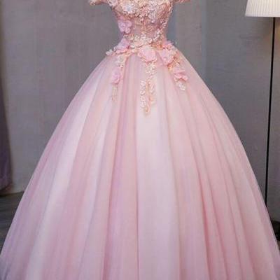 off shoulder Pink tulle puffy long formal prom dress