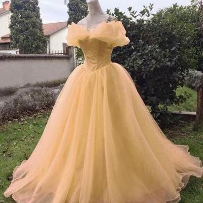 Princess A line yellow tulle prom dress formal dress 