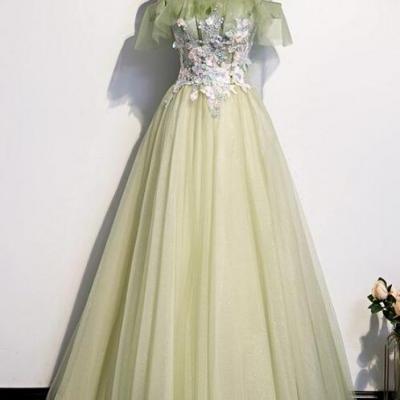 A line Green tulle lace long prom dress