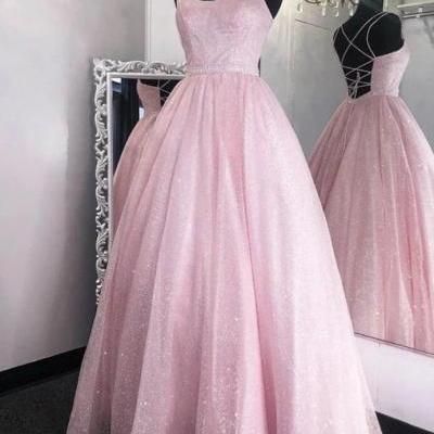A Line Sequins Backless Pink Long Prom Dresses