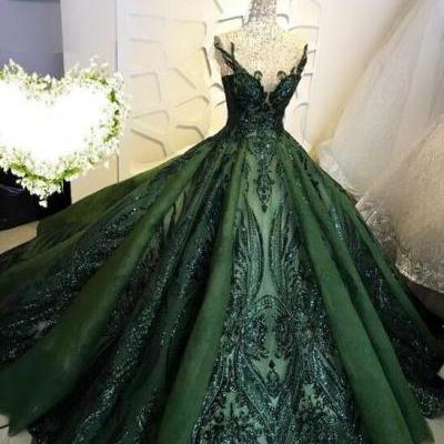 Vintage dark green quinceanera dresses for women, sparkly prom dresses