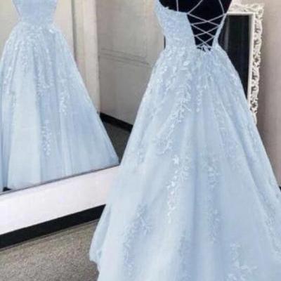 A-Line Light Blue Long Prom Dress with lace
