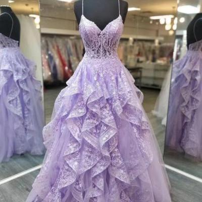 Spaghetti Staps Lilac Prom Dresses Evening Gowns