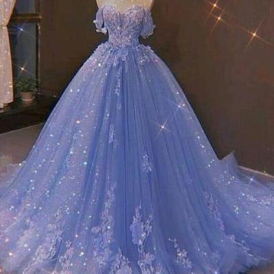Charming Off the Shoulder Blue Prom Dresses With Lace Applique