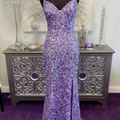 Glitter Lavender Sequins Prom Dresses with Slit