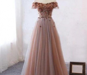A Line Long Sleeves Appliques Tulle Slit Prom Dresses LBQ1708 main image 1