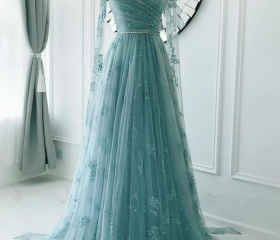 A Line Straps Golden Tulle Prom Dress with Appliques LBQ0491 main image 1