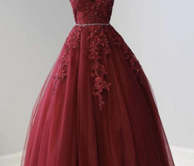 Burgundy Lace Prom Dress,Halter Neck Lace Evening Dress,Lace Prom Dress with Train PD00073