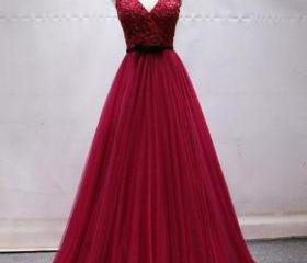 Burgundy tulle long prom gown formal dress C1569