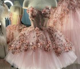 Pink Sequined Ball Gown Flower Girl Dress with Sweetheart Neckline