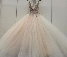 A-line V-neck Lace Up Tulle Gown Champagne