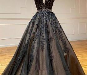 A line V neck lace long prom dress