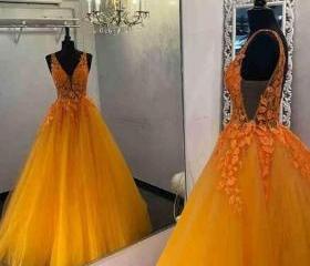 Lace and Tulle Floor Length Dress with V neck Orange Plus Size