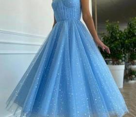A-line Blue Prom Dress,Blue Tulle Spring Dress Y7444 main image 1