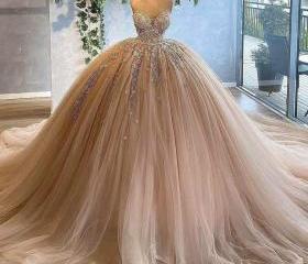 Princess Champagne Gold Off-the-Shoulder Tulle Ball Gown Evening Dress Sweet 16 Dress cc5183