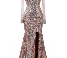 Champagne Sweetheart Beading Sequins Mermaid Long Evening Party Dress, DP4739 main image 1