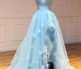 Ruffles Tulle Blue Halter Prom Dress with Slit